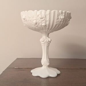 Vintage Westmoreland Milk Glass Rose Pedestal Candy Dish - 7" Scalloped Compote